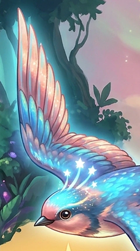 Gros plan sur Valita l’hirondelle, son aile levée aux plumes roses et bleues et les étoiles qui scintillent à la naissance de ses ailes